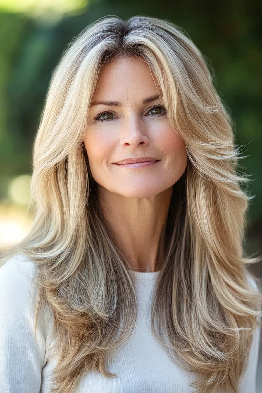 Woman with long wavy hair styled in a layered cut, adding volume and movement to her fine hair.