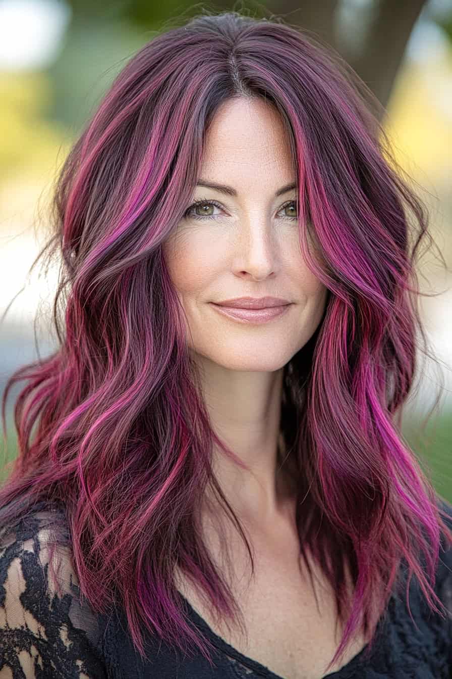 Woman with Long Wavy Magenta Highlights Hair