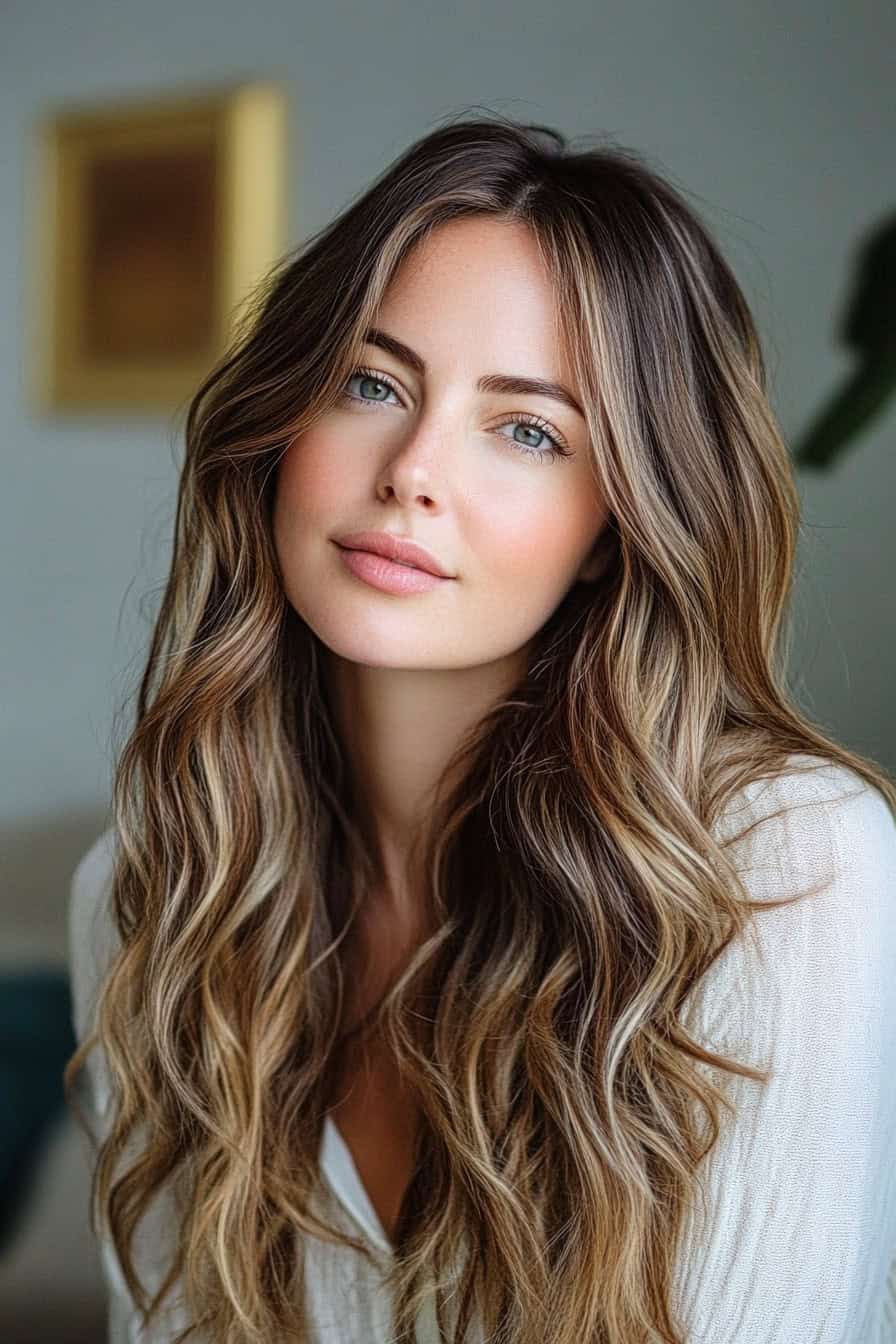 Woman with long wavy multitone hair styled with defined waves and texturizing cream, adding depth and body to her beach waves.