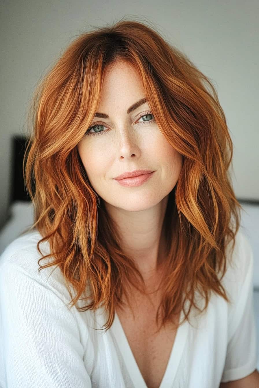 Woman with voluminous auburn hair and green eyes, showcasing natural beauty and elegance.