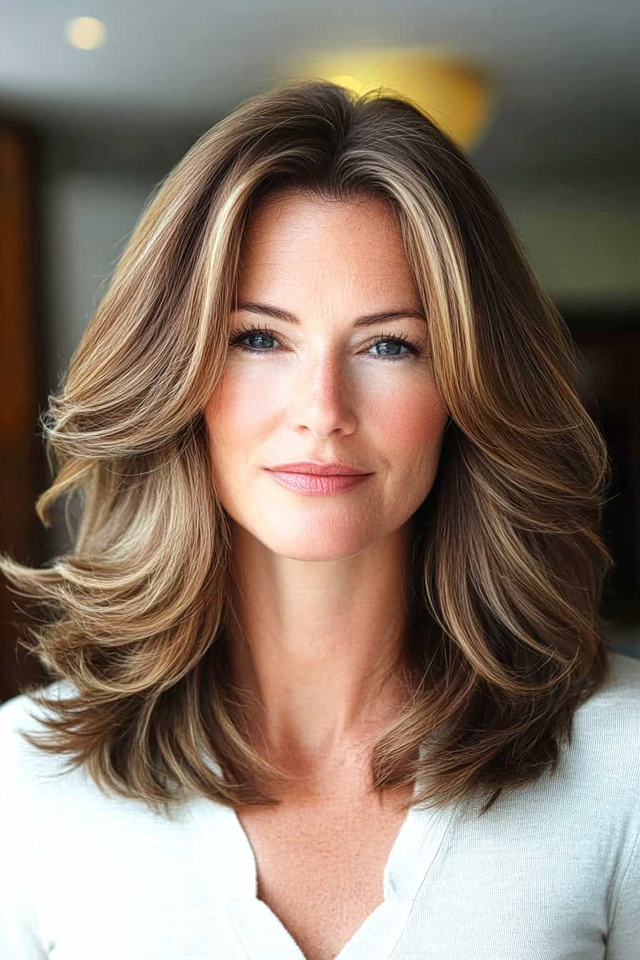 Woman with loose golden waves styled in a volume-boosting medium layered hairstyle, adding depth and movement.