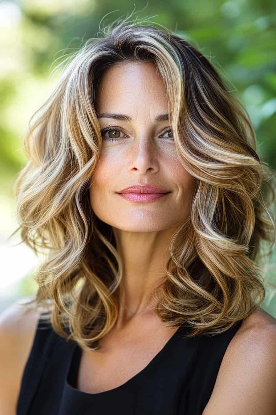 Woman with balayage hair color featuring subtle sun-kissed highlights, adding depth and dimension to her medium-length waves.