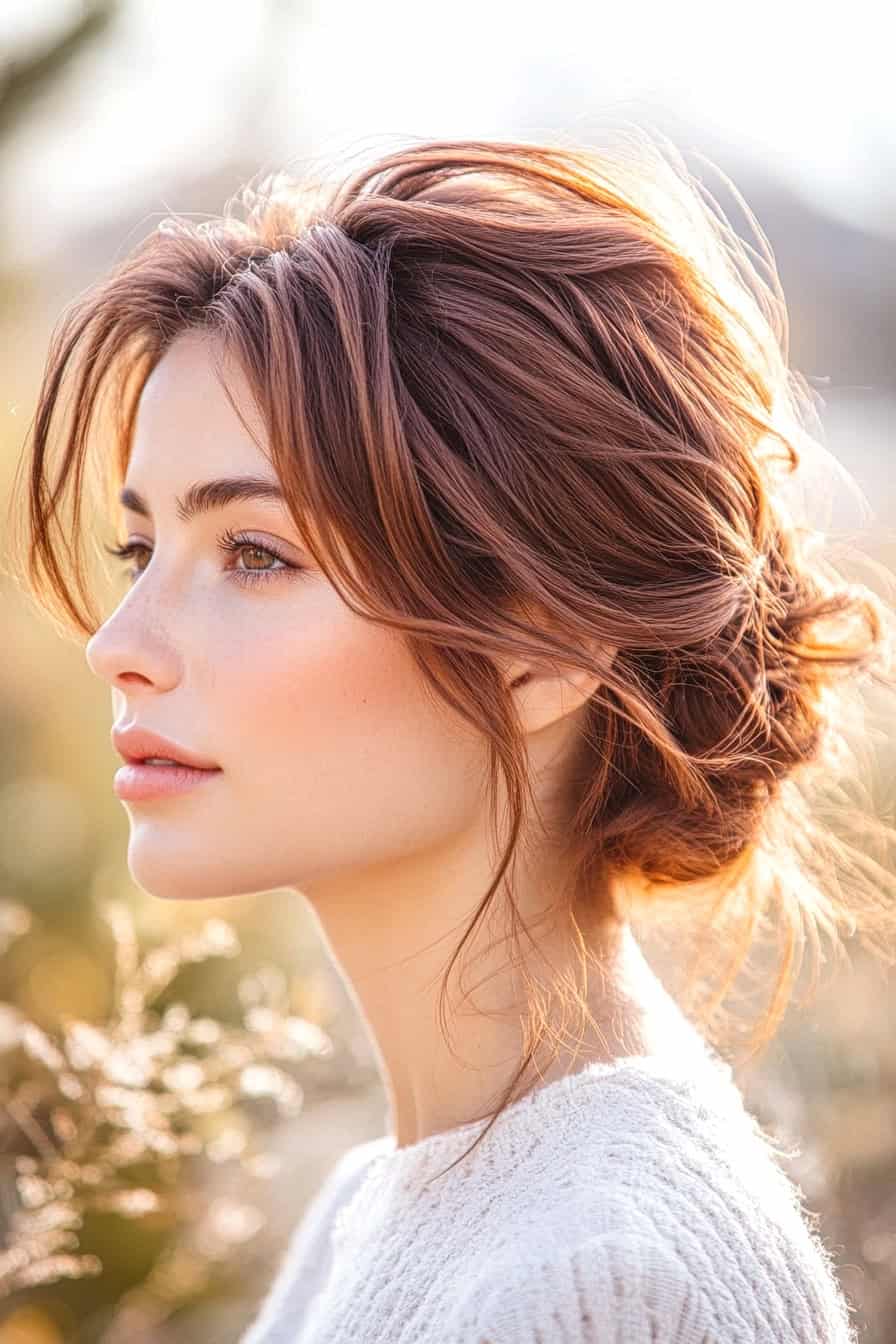 Woman with loose waves and blonde hair styled in a loose bun, creating an effortless and elegant updo.