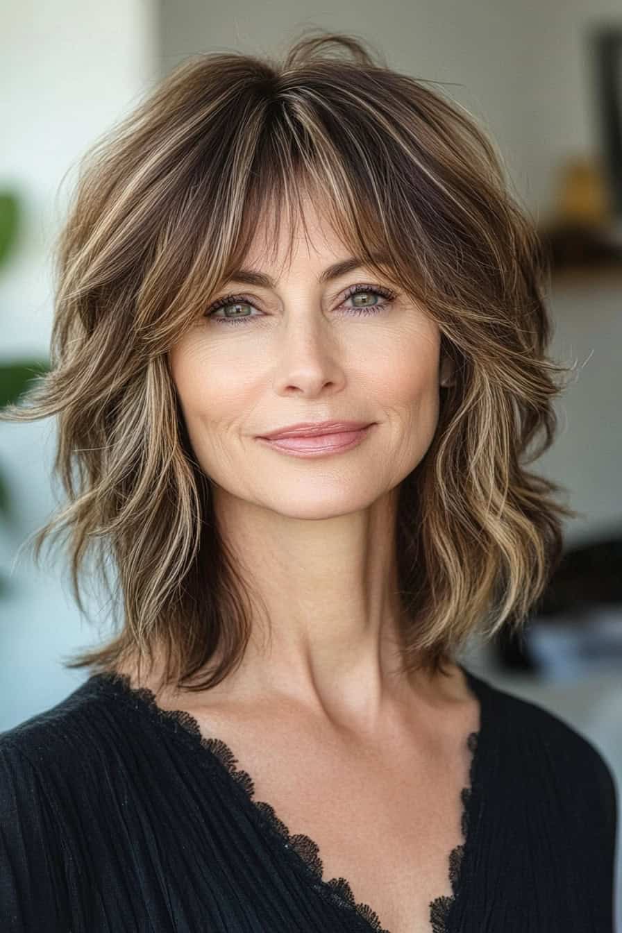 Woman with loose waves hairstyle featuring curtain bangs and a textured shag, adding volume and a feminine touch to her fine hair.