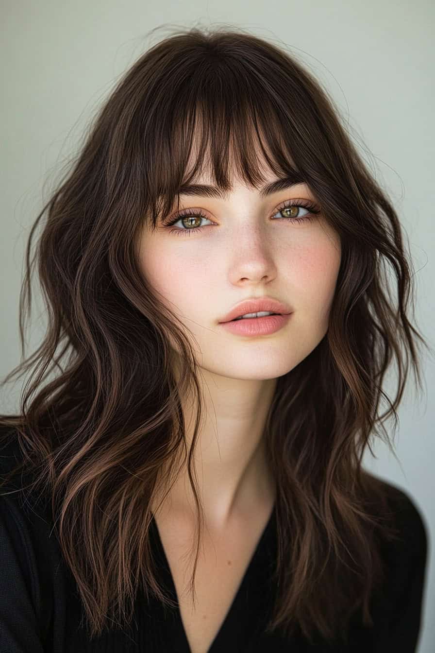 Woman with loose wavy brown hair and curtain bangs, paired with a textured cut for an oval face.