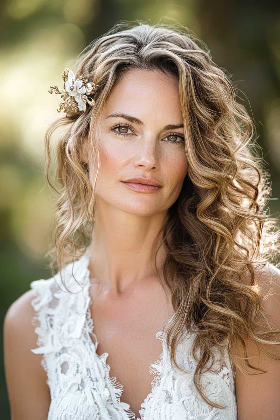 Elegant woman with floral hair accessory, soft curls, and lace garment in a serene outdoor setting.