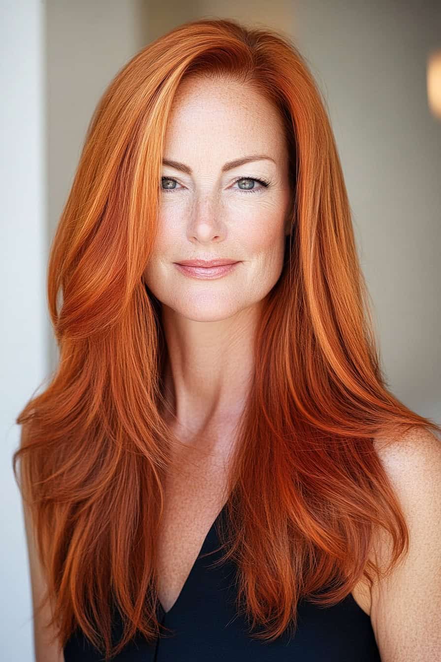 Woman with lustrous red hair styled in straight long layers, offering a sleek and sophisticated appearance with added volume.