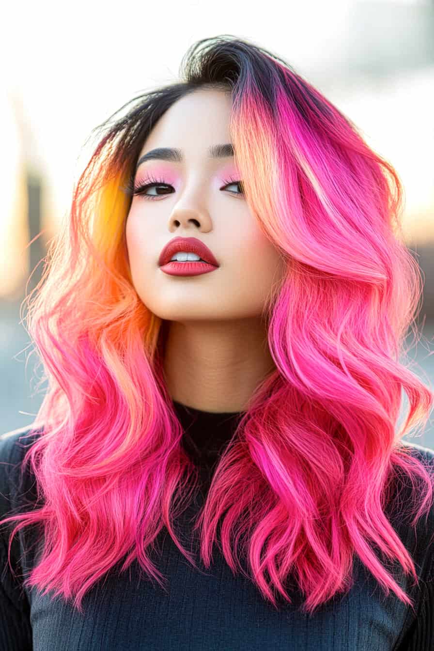 Woman with neon watermelon balayage, featuring bright pink and green streaks blended seamlessly.