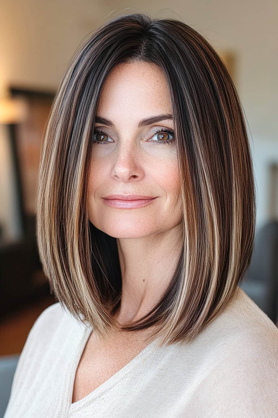 Woman with a medium bob cut featuring blunt ends and face-framing layers, highlighting facial features.