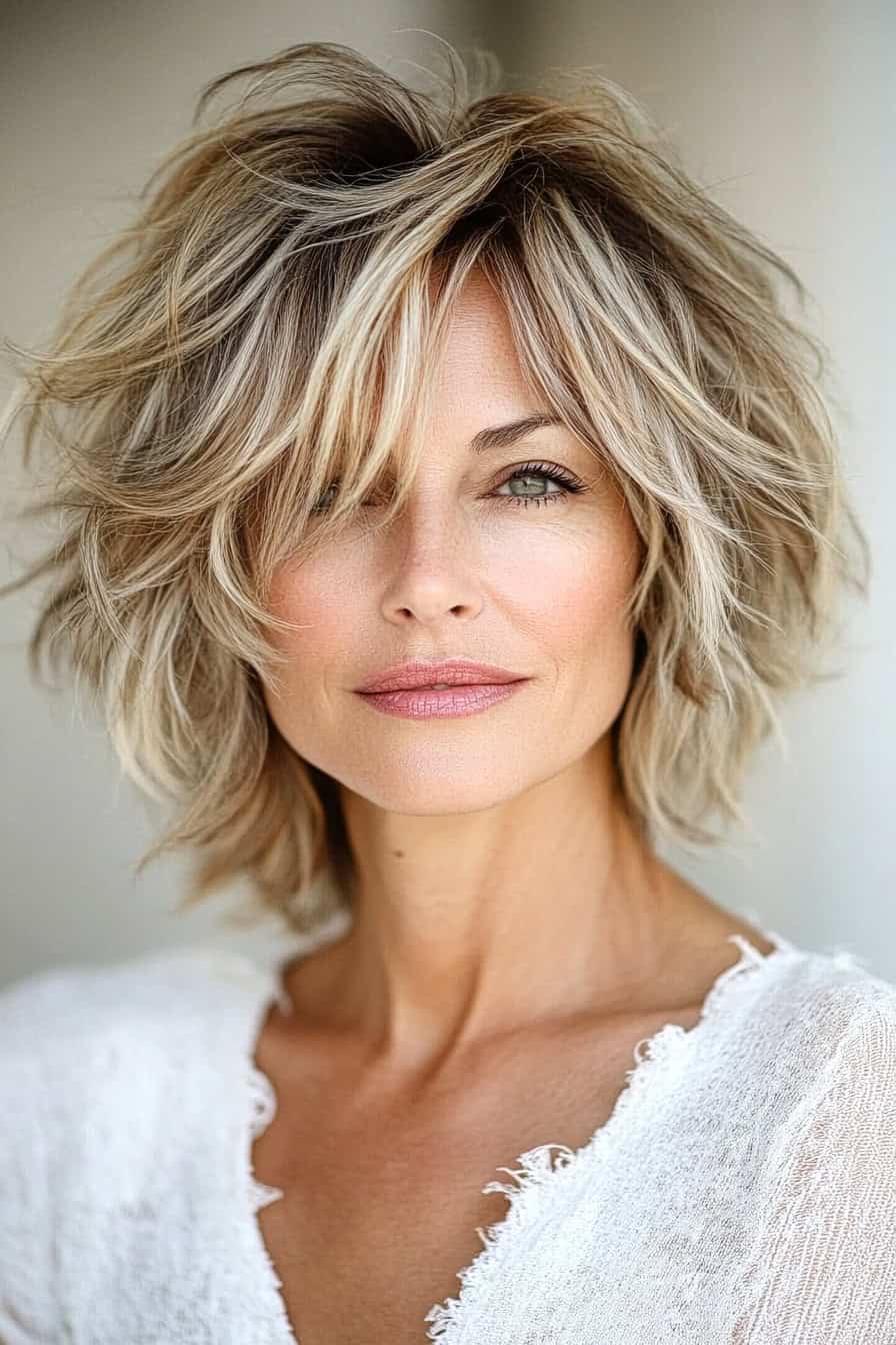 Woman with modern layered blonde hair styled in a soft shag with subtle highlights, adding depth and volume to her fine hair.