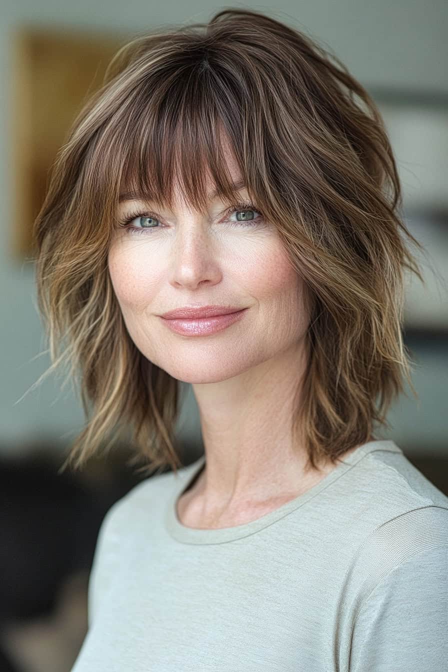 Woman with multi-toned brown waves styled in a textured medium cut with bangs, adding youthful flair.