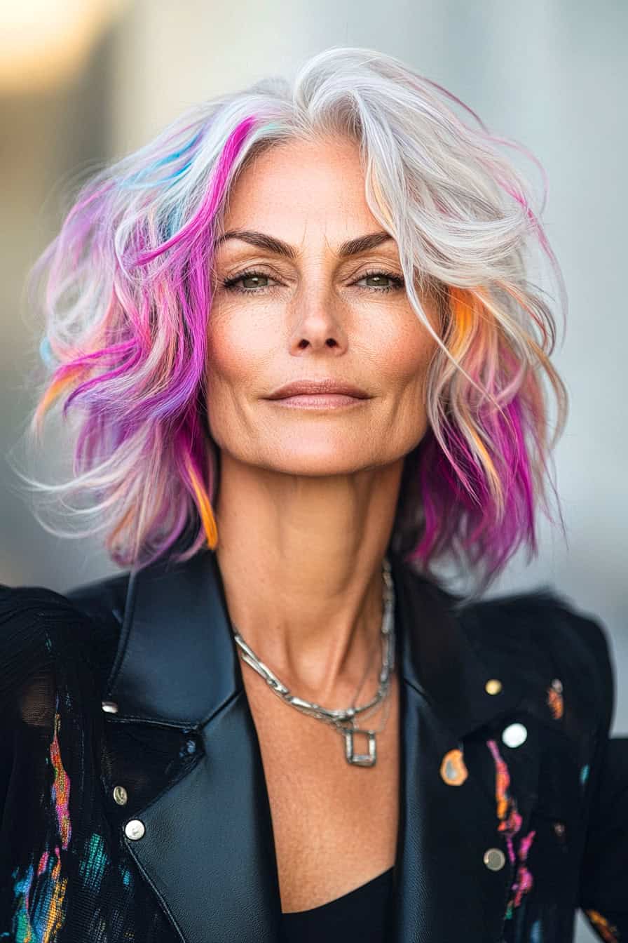 Woman with multicolored wavy hair styled in a messy shag, adding vibrancy and an edgy touch to her fine hair.