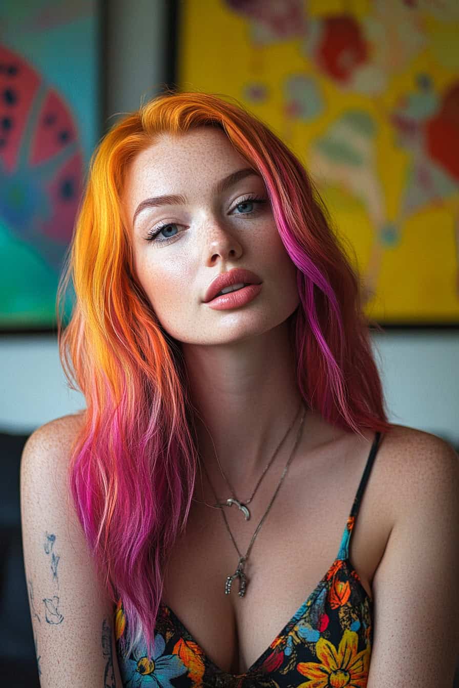 Woman with blended watermelon and bold colors, featuring vibrant orange and pink ombre hair.