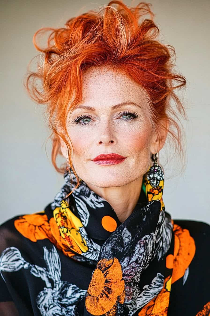 Woman with orange-red curls styled with a scarf for a retro charm, enhancing her glasses and adding vintage flair.