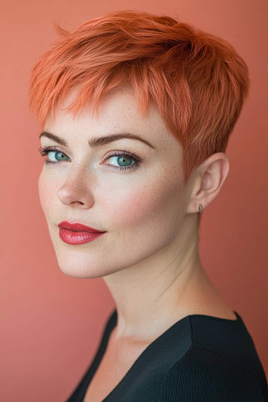 Woman with bold watermelon pixie cut, featuring vibrant pink and green short hair for a striking look.