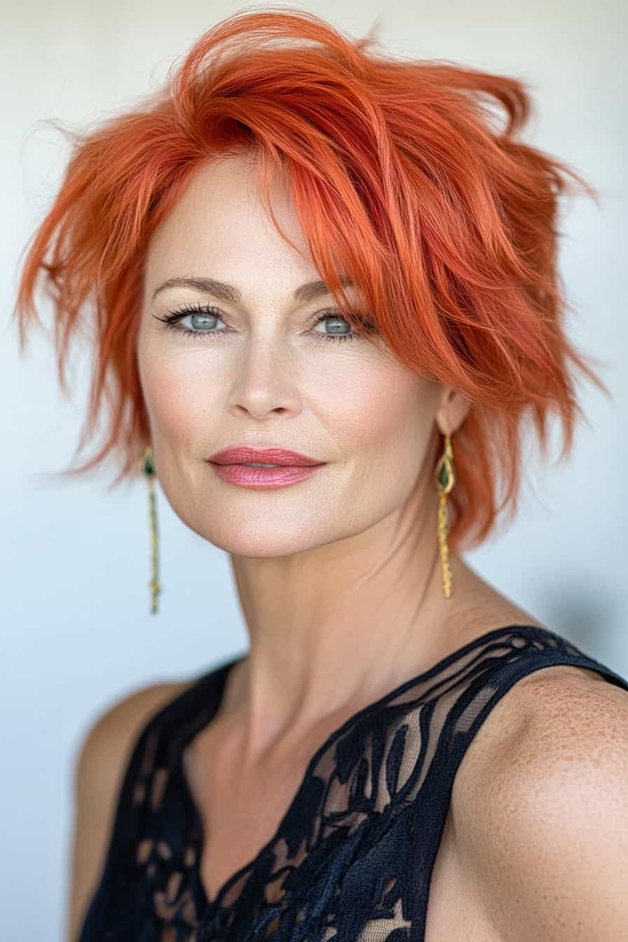 Woman with orange tousled hair styled in a feathered shag, adding natural volume and a relaxed vibe to her fine hair.