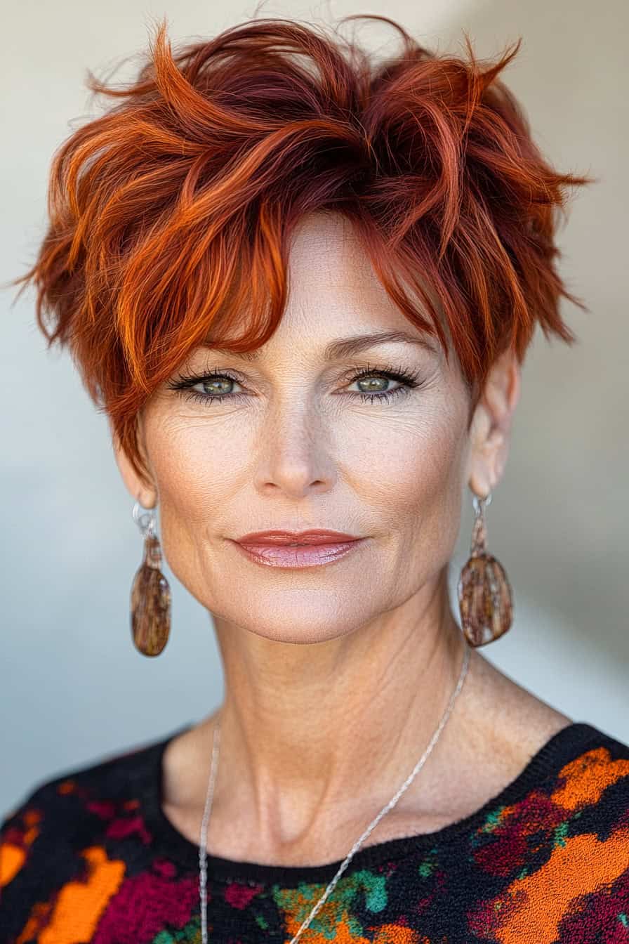 Woman with orange tousled haircut styled in a textured crop with vibrant shades, adding volume and a bold look.