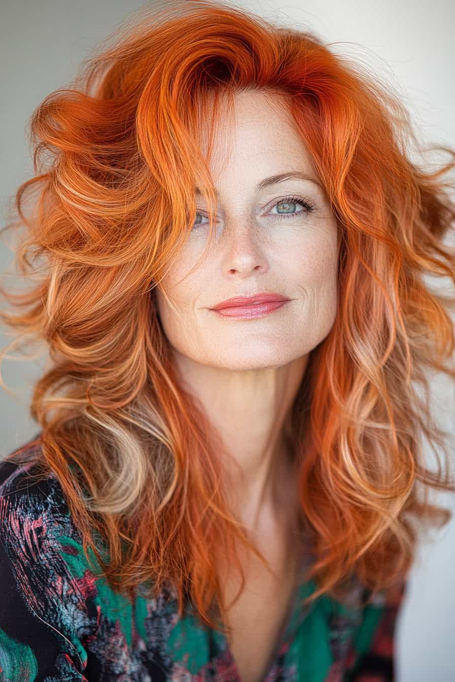 Woman with orange voluminous hair styled in a playful layered style with soft curls, adding volume and a delightful bounce.