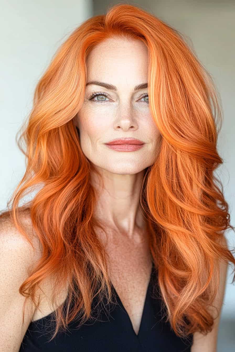 Woman with orange waves styled in loose waves, achieving easy glamour and a relaxed look.