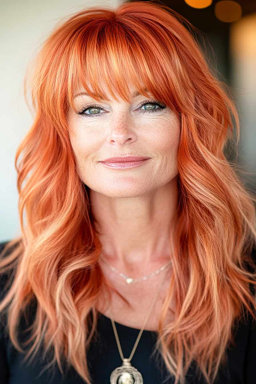 Woman with orange wavy hair styled with textured bangs and layered hair, adding volume and style to her fine hair.