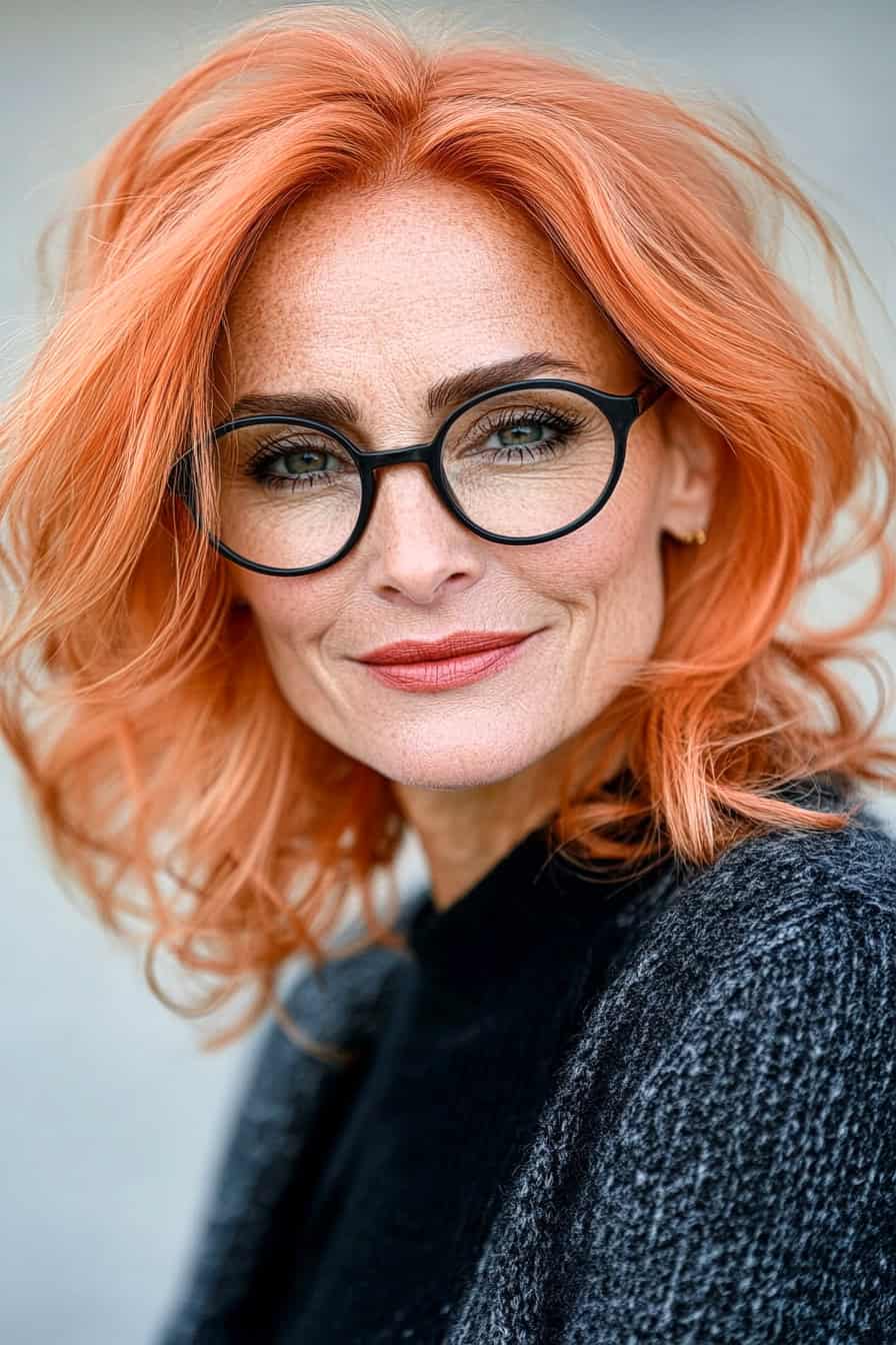 Woman with orange wavy hair styled with bright copper tones, radiating confidence and complementing her glasses.