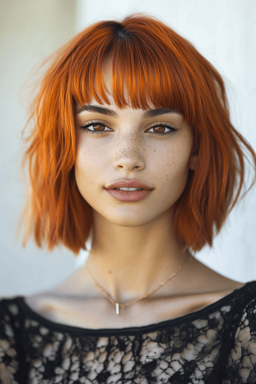 Young woman with vibrant orange hair and freckles, wearing a chic lace top against a light backdrop.