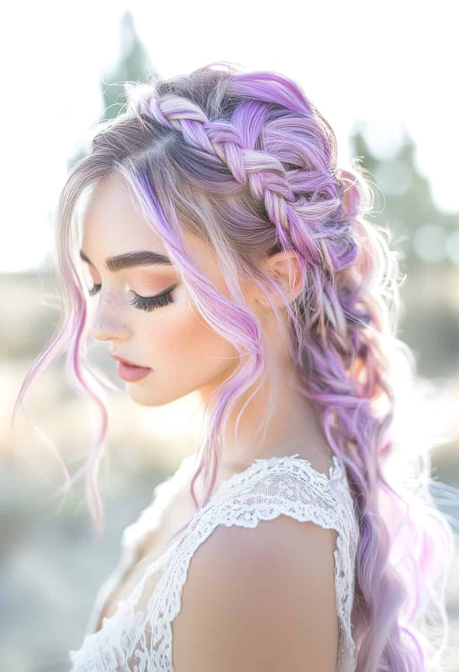 Enchanting young woman with braids and lavender hair, radiant makeup, and delicate lace dress.