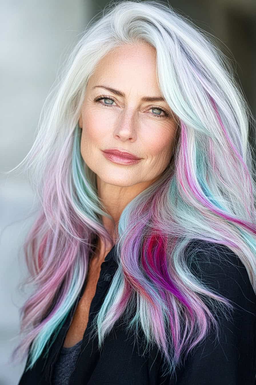 Woman with pastel-colored long hair styled in vibrant long layers with colorful highlights, adding volume and a playful touch.