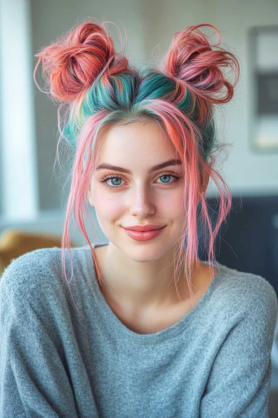 Woman with messy watermelon space buns, featuring vibrant pink and green buns for a playful look.