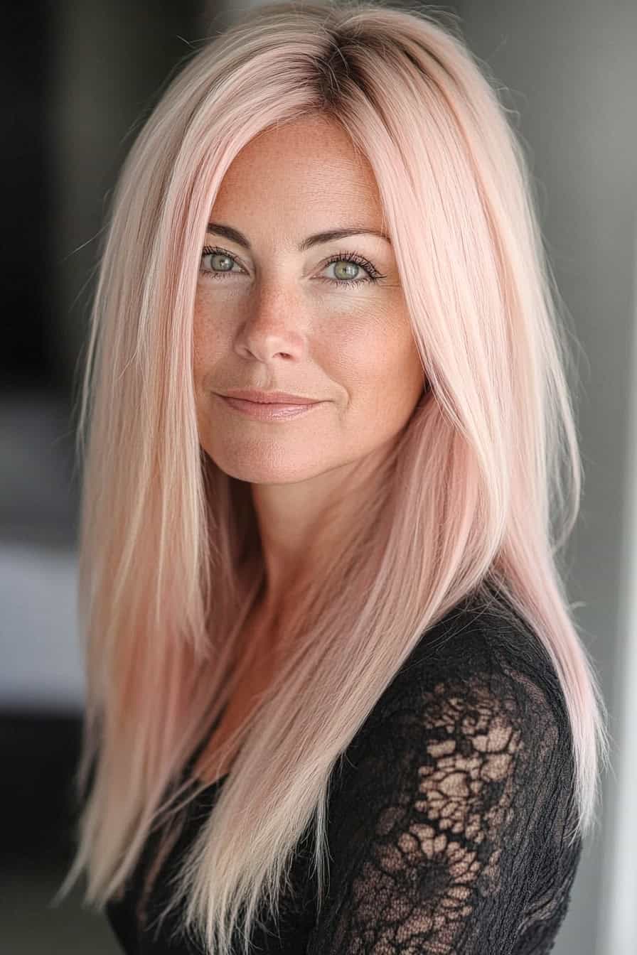 Woman with pastel pink long hair styled with simple long hair and minimal layers, offering elegance and fullness.