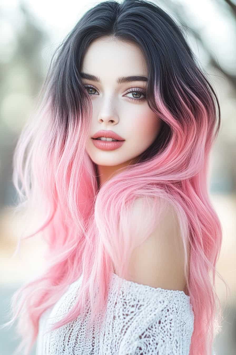 Woman with subtle ombre watermelon hues transitioning from dark roots to delicate pink ends.