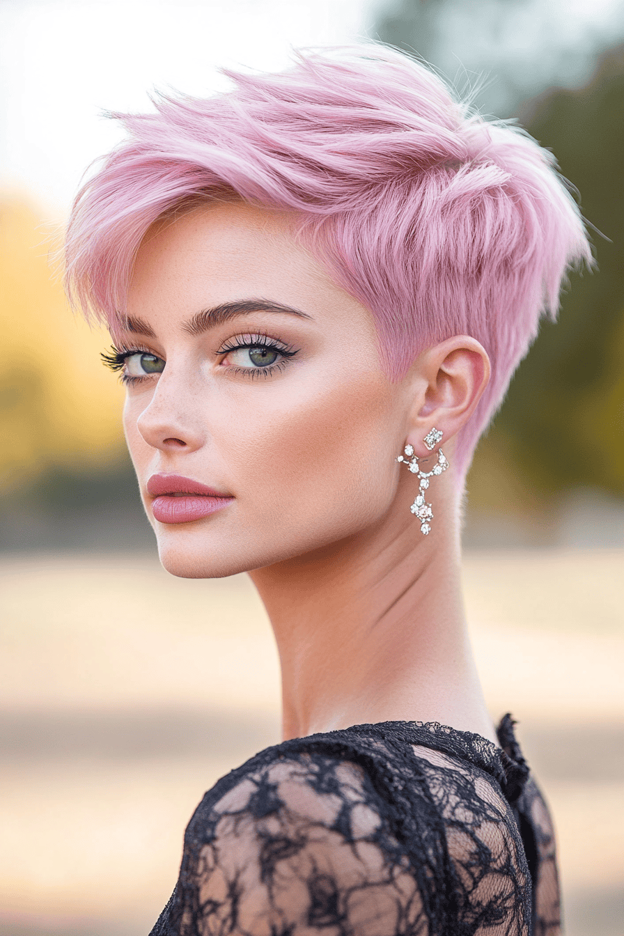 Elegant model with pastel pink pixie cut, flawless skin, and stylish accessories in a serene outdoor setting.