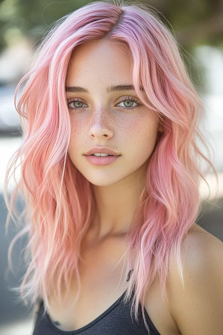 Woman with pastel pink wavy hair styled in Mediterranean-inspired loose beach waves, reflecting a serene and elegant vibe.