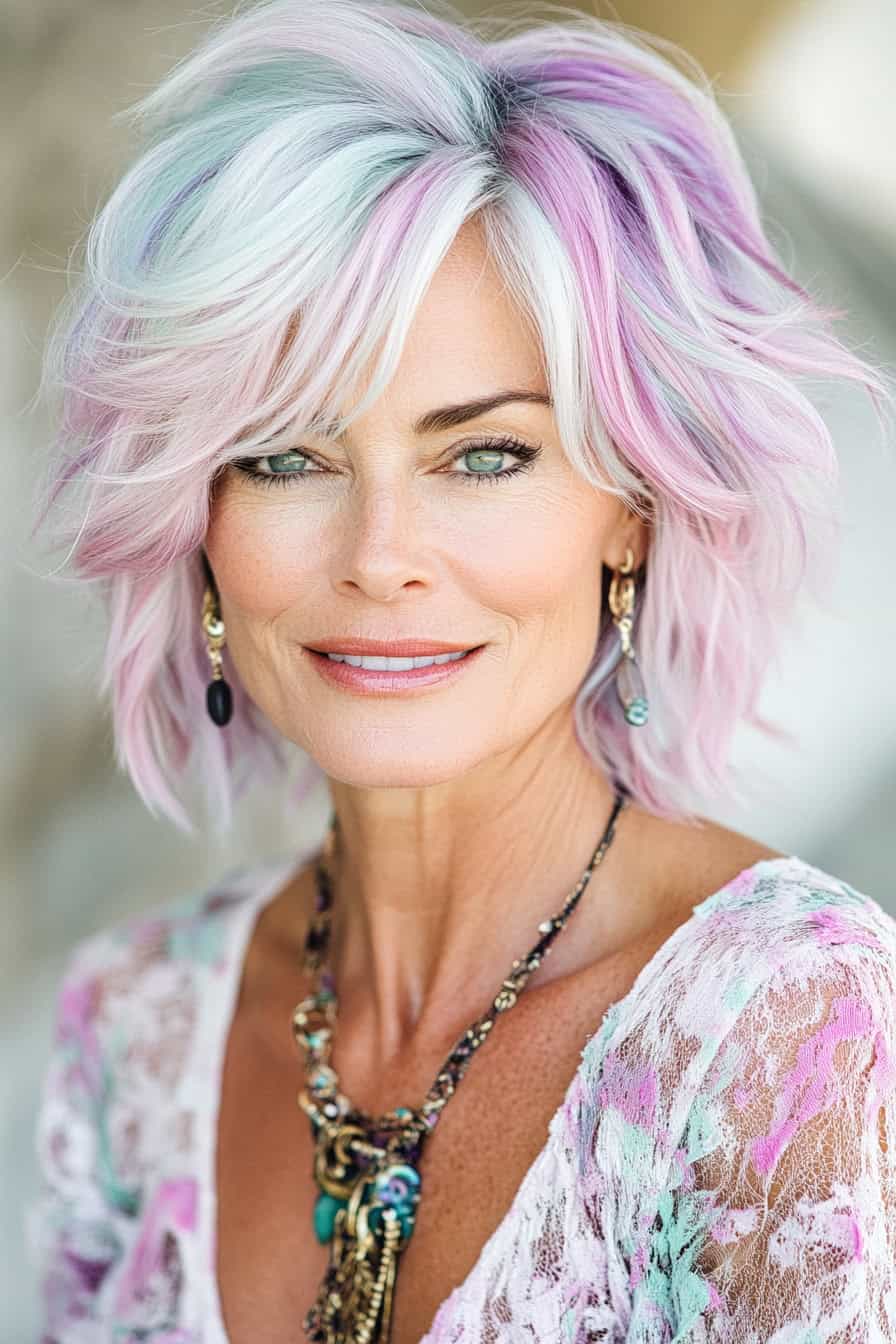 Woman with pastel wavy hair styled in a pastel-dyed shag, adding a whimsical and vibrant twist to her fine hair.