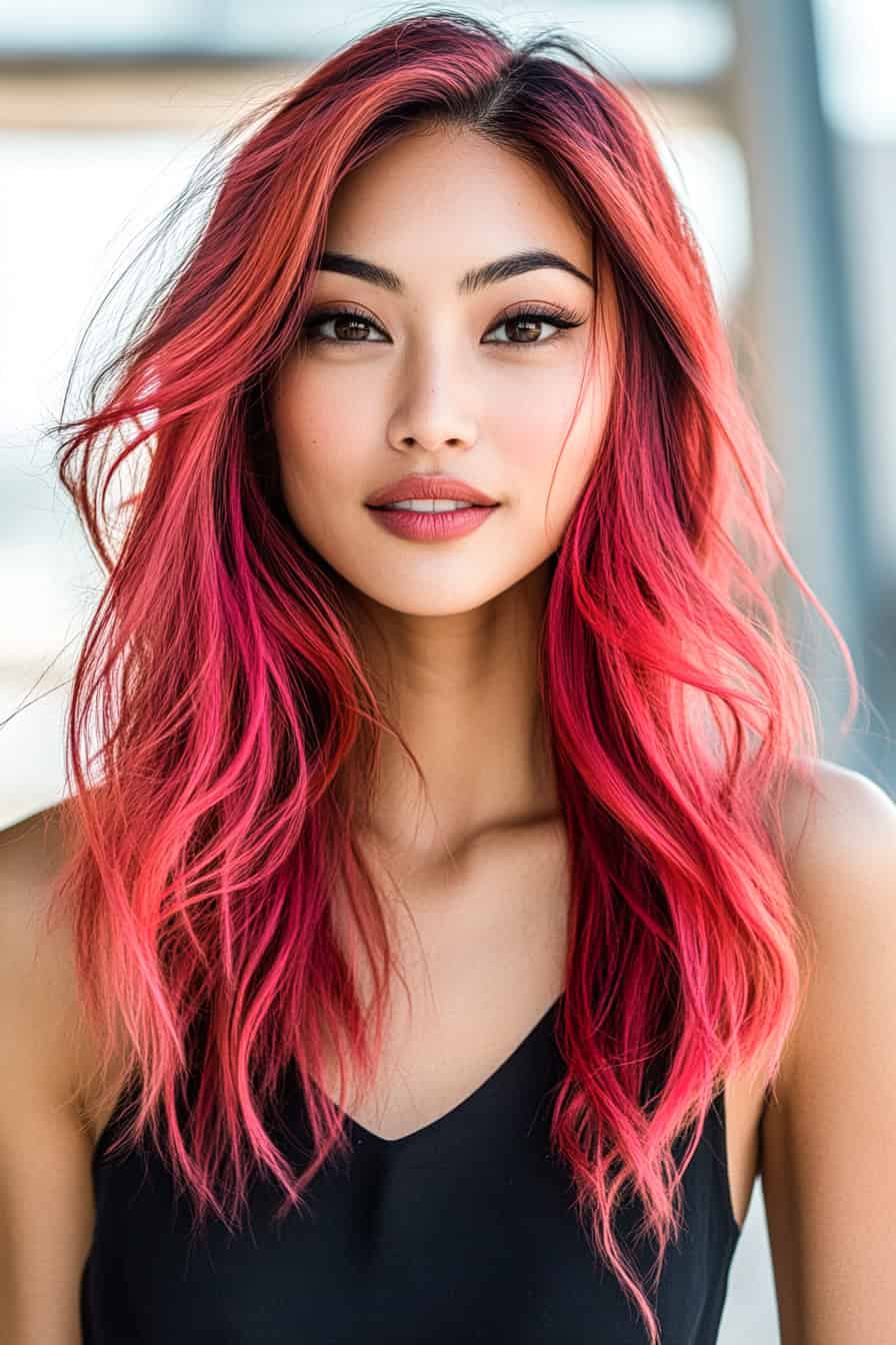 Woman with dramatic watermelon layered cut, featuring vibrant pink and black wavy hair adding depth and volume.