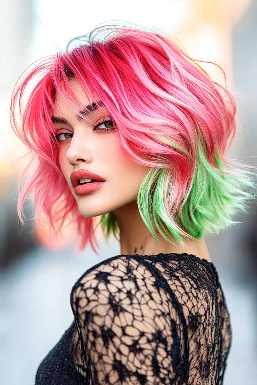 Woman with edgy watermelon shag cut, featuring layered pink and green wavy hair for a vibrant look.