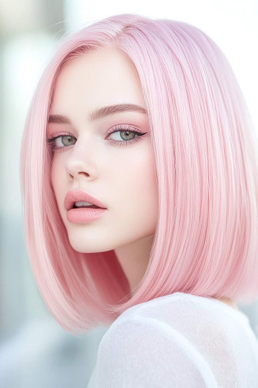 Woman with pink bob hairstyle featuring straight hair and a center part, flattering an oval face.