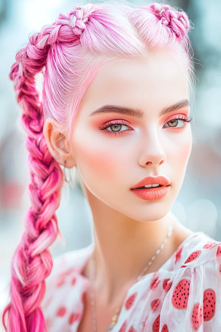 Woman with fun watermelon braided pigtails, showcasing vibrant pink and green braids.