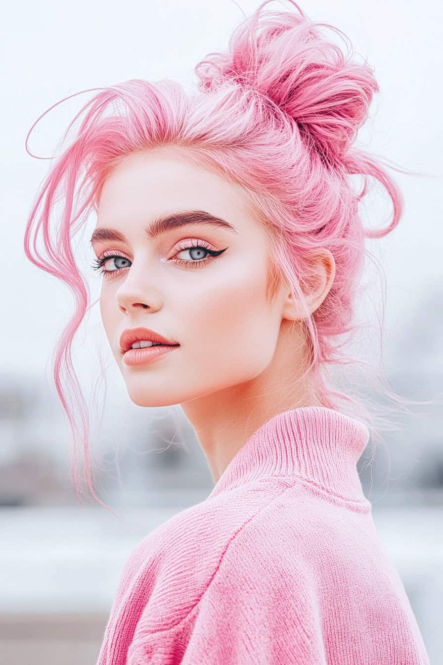 Woman with pink hair styled in a messy top knot with waves, offering a playful and stylish updo.