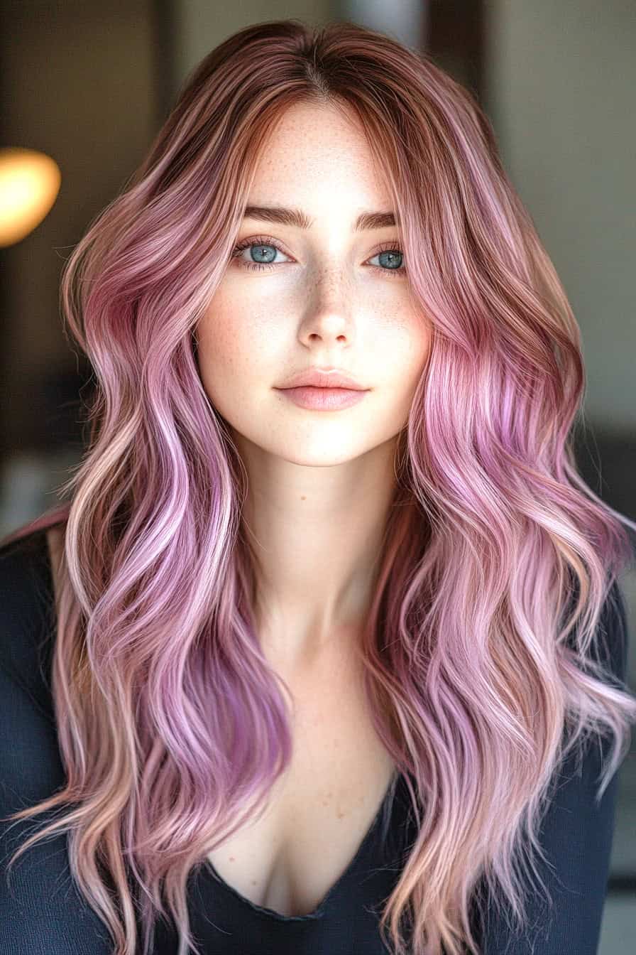 Woman with pink lavender ombre hair styled in beach waves, enhancing colored hair with vibrant and dynamic waves.