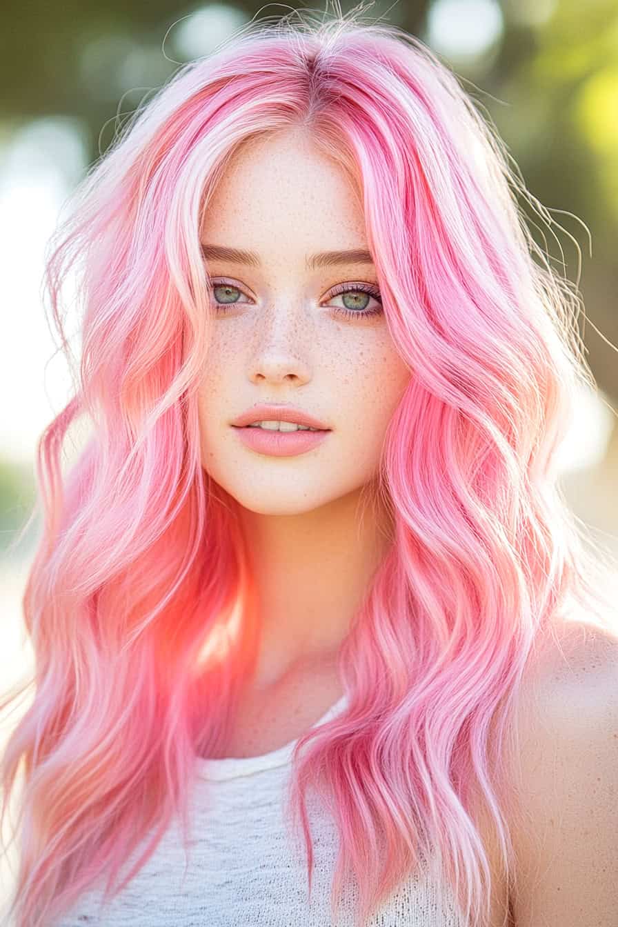 Woman with watermelon hair featuring pastel pink accents, blending vibrant and soft tones seamlessly.