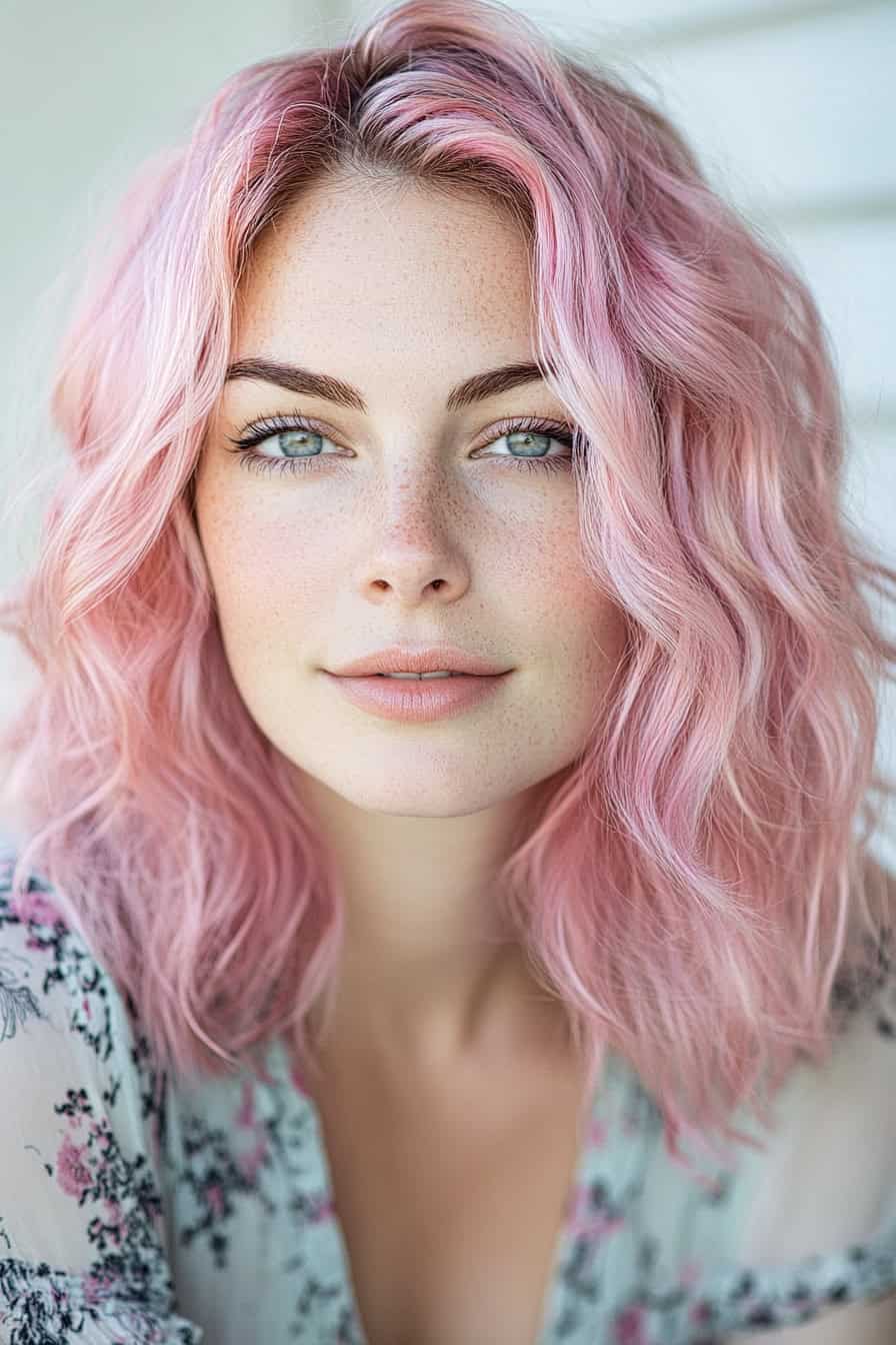 Woman with pink wavy haircut styled in messy beach waves, offering a carefree and stylish appearance.