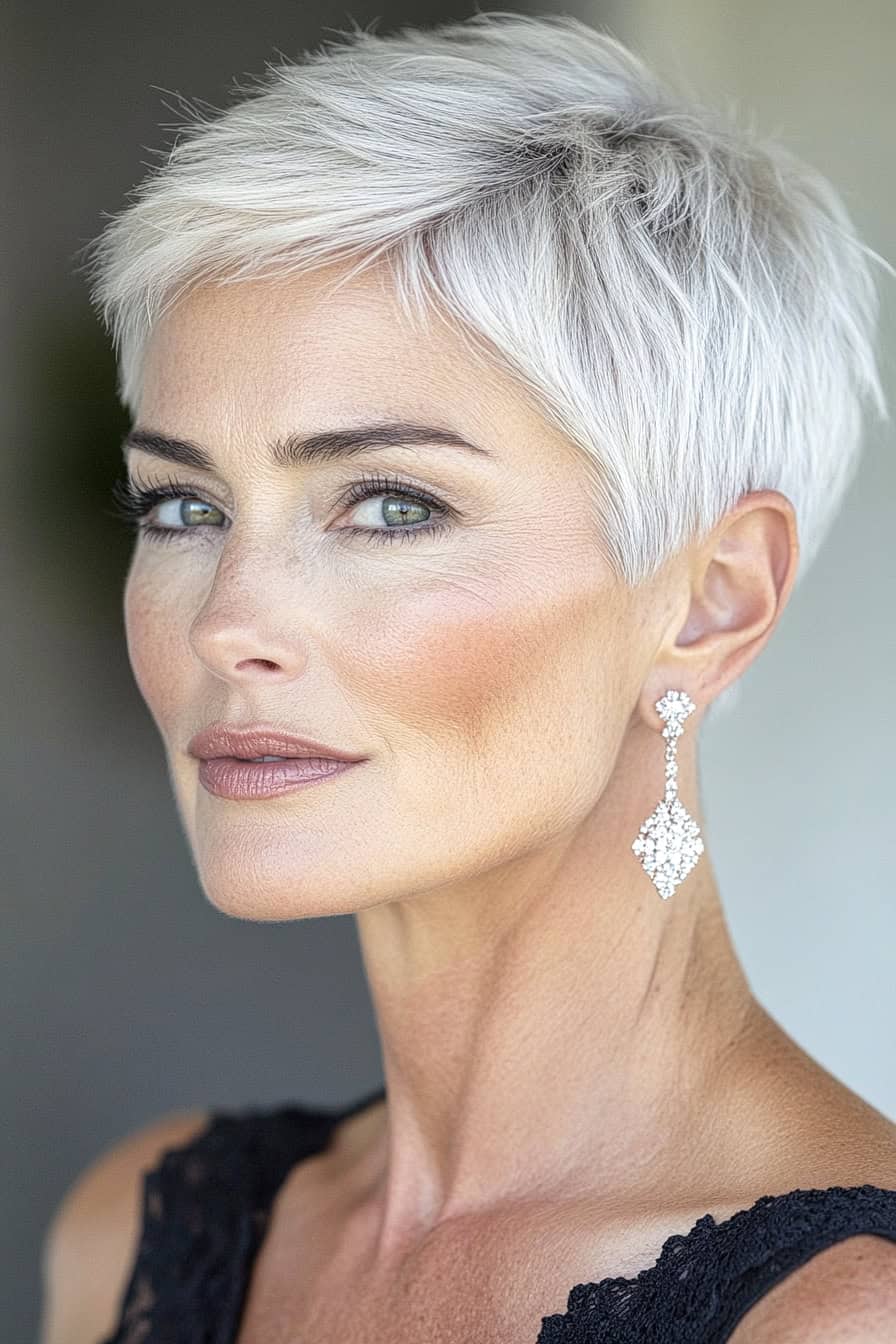 Woman with platinum blonde haircut styled in a timeless short crop with clean lines, offering a sleek and voluminous appearance.