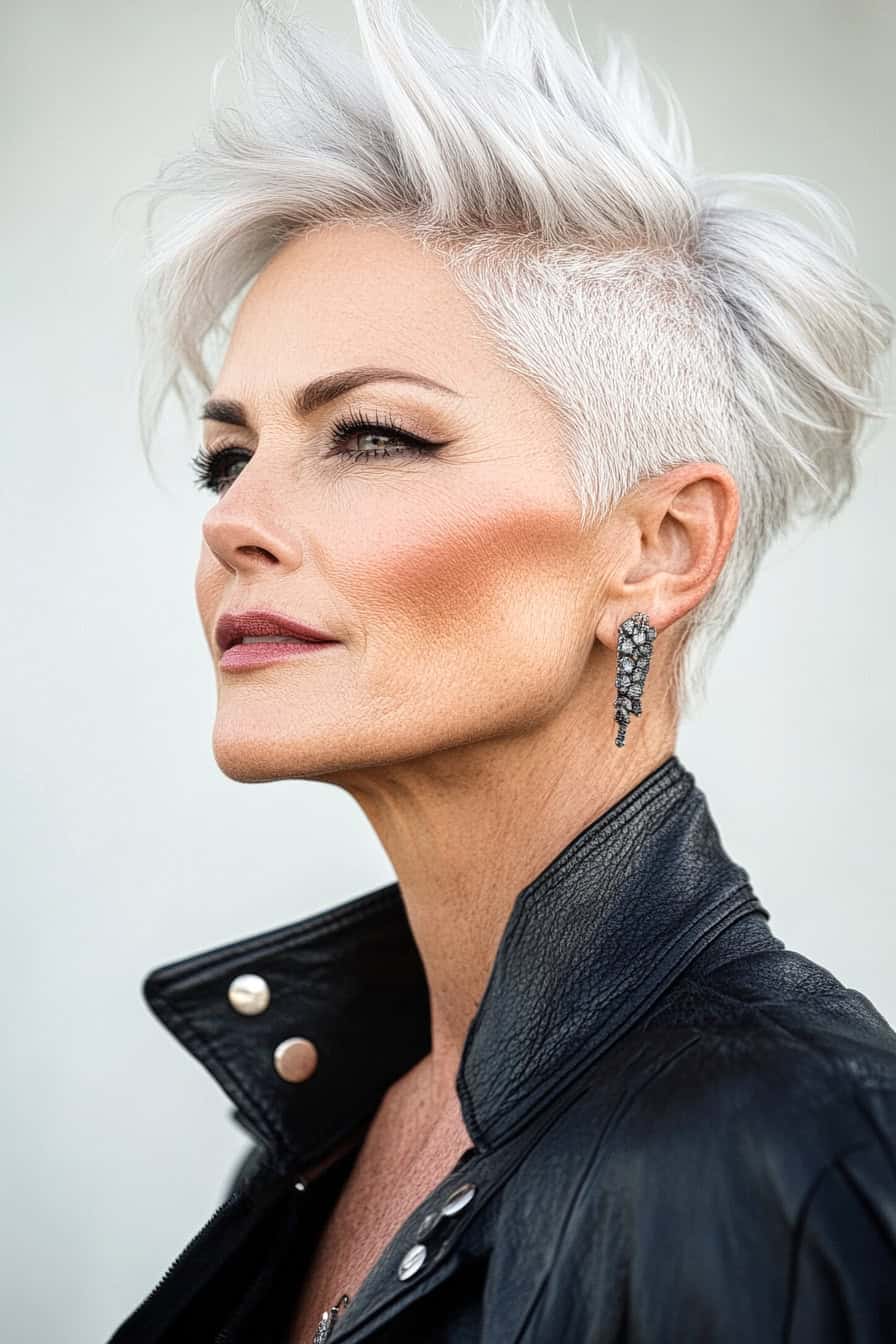 Woman with platinum blonde hair styled in a funky mohawk-inspired pixie cut, adding volume and a bold statement.