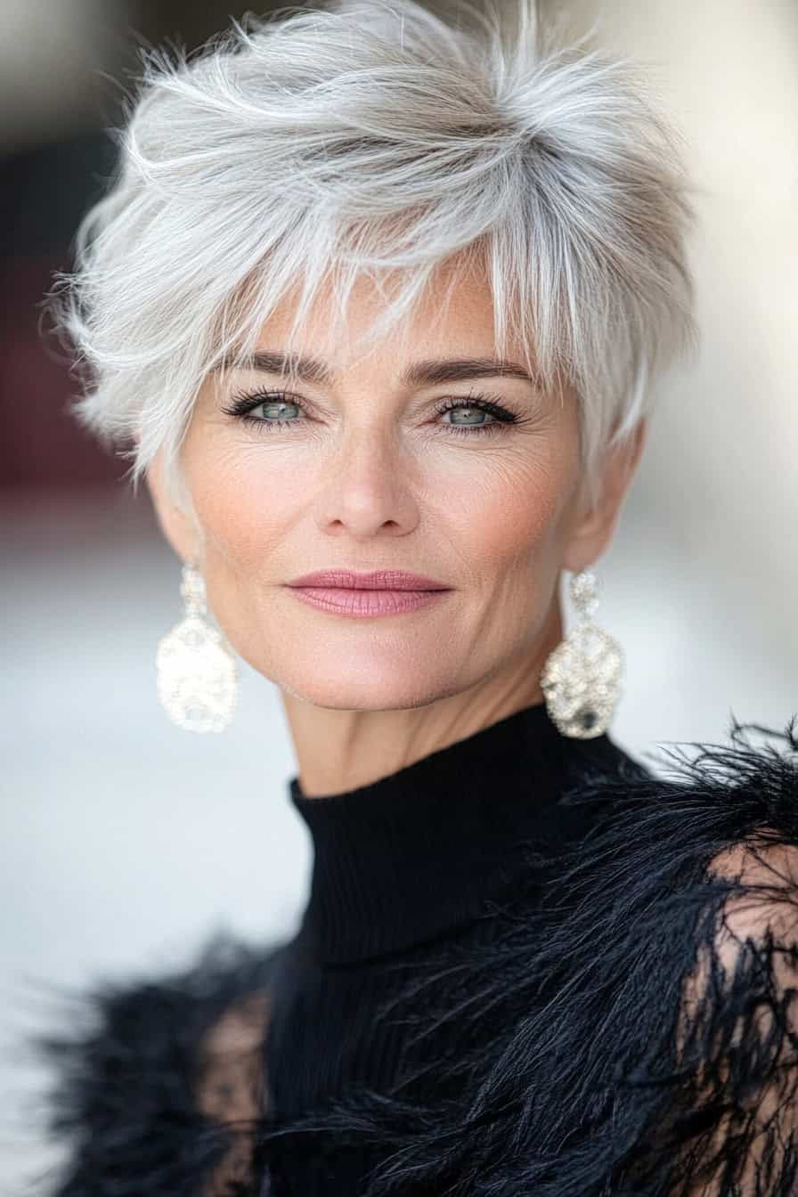 Woman with platinum blonde short hair styled in a delicate feathered pixie cut, adding volume and a soft elegance to her appearance.