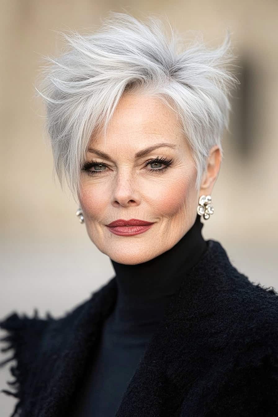 Woman with platinum blonde spiky hair styled in an asymmetrical short haircut, adding volume and a modern edge.