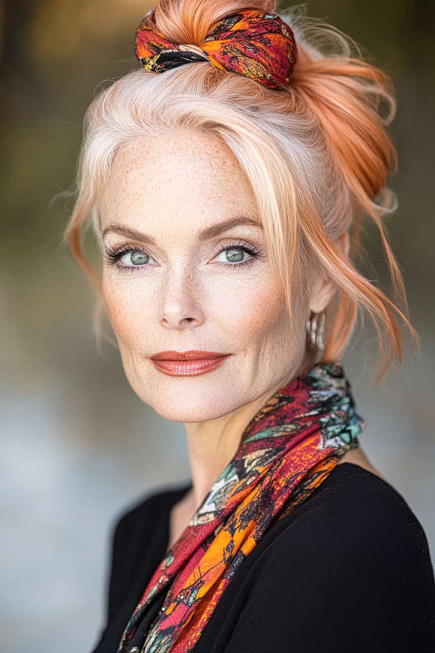 Woman with platinum blonde waves styled with a scarf as a versatile hair accessory, enhancing her glasses and adding style to her look.