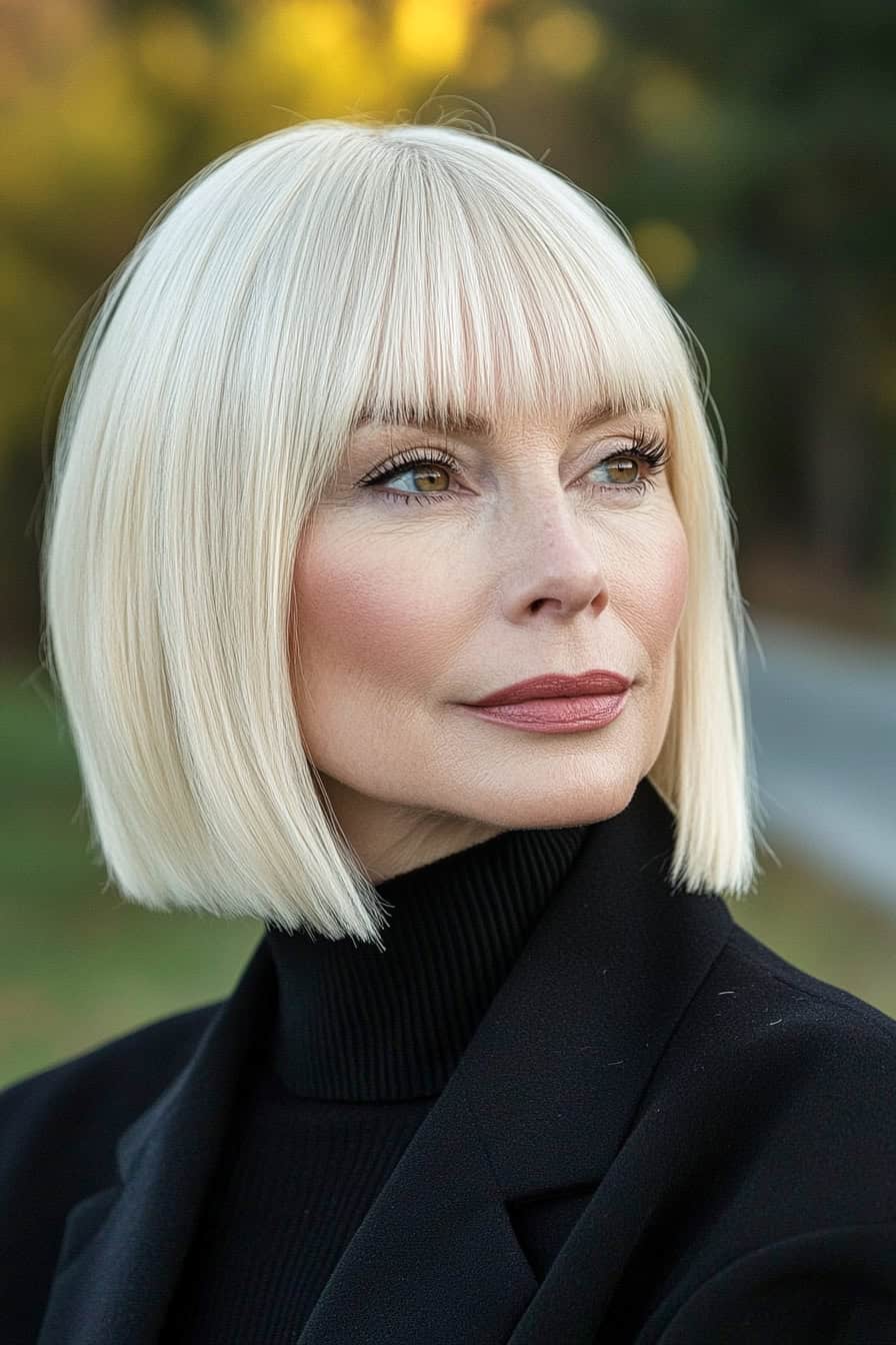 Woman with platinum bob hairstyle featuring blunt bangs with a modern twist, adding volume and style to her fine hair.