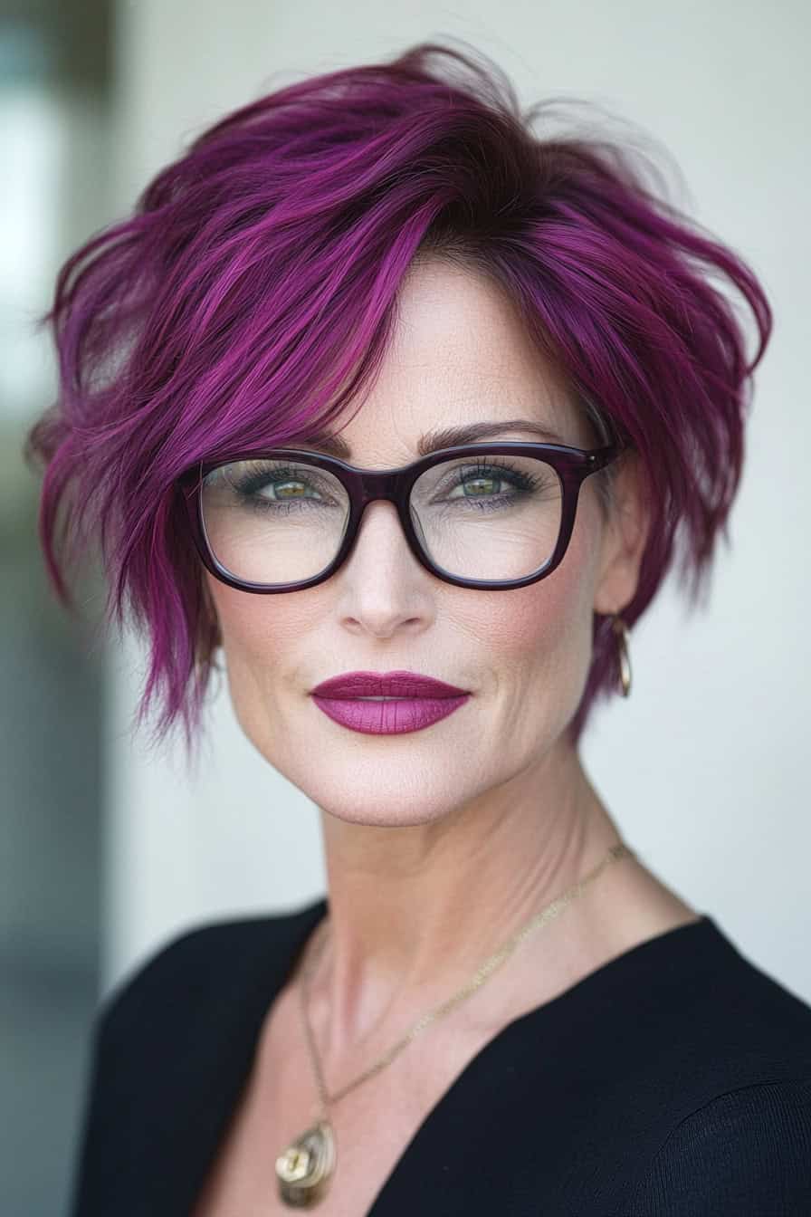 Woman with short hair highlighted with rich plum tones, adding a fun pop of color that complements her glasses.