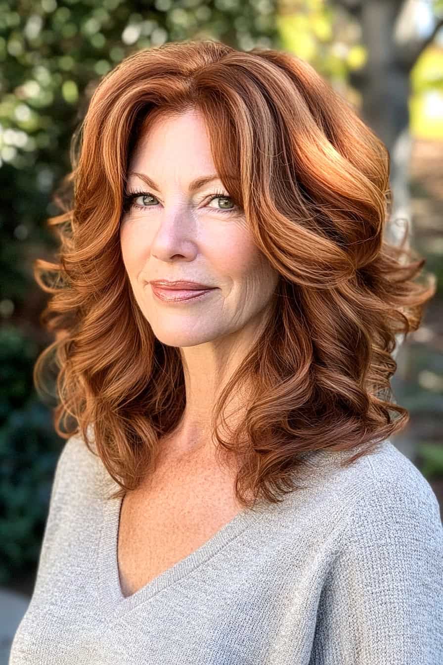 Woman with red auburn hair styled in cascading bouncy curls, adding a youthful bounce to her look.